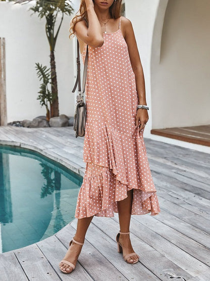 Sling Polka Dot Ruffle Layer Hem Maxi Suspender Dress - Maxi Dresses - INS | Online Fashion Free Shipping Clothing, Dresses, Tops, Shoes - 04/12/2021 - chiffon-dress - Color_Blue