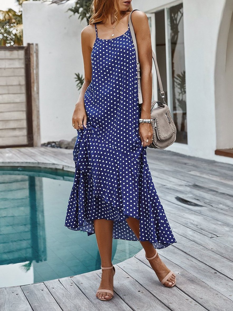 Sling Polka Dot Ruffle Layer Hem Maxi Suspender Dress - Maxi Dresses - INS | Online Fashion Free Shipping Clothing, Dresses, Tops, Shoes - 04/12/2021 - chiffon-dress - Color_Blue