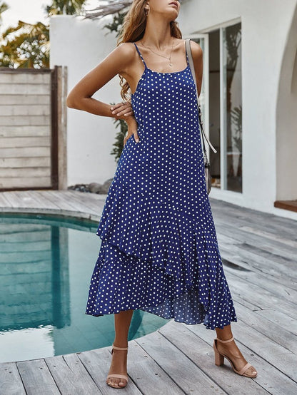 Sling Polka Dot Ruffle Layer Hem Maxi Suspender Dress - Maxi Dresses - INS | Online Fashion Free Shipping Clothing, Dresses, Tops, Shoes - 04/12/2021 - chiffon-dress - Color_Blue