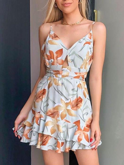 Sling Print V-neck Sleeveless Short Dress - Mini Dresses - INS | Online Fashion Free Shipping Clothing, Dresses, Tops, Shoes - 30-40 - 30/06/2021 - color-apricot