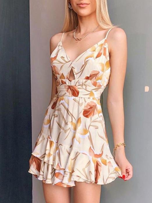 Sling Print V-neck Sleeveless Short Dress - Mini Dresses - INS | Online Fashion Free Shipping Clothing, Dresses, Tops, Shoes - 30-40 - 30/06/2021 - color-apricot
