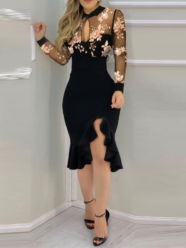 Slit Ruffles Hem Floral Pattern Bodycon Dress - Midi Dresses - INS | Online Fashion Free Shipping Clothing, Dresses, Tops, Shoes - 27/04/2021 - Color_Black - DER210427090
