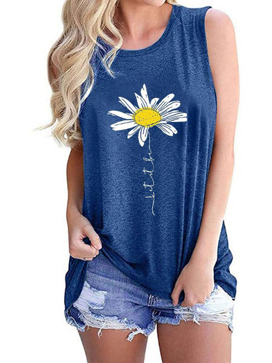 Small Daisy Letter Print Round Neck Sleeveless T-shirt - T-Shirts - INS | Online Fashion Free Shipping Clothing, Dresses, Tops, Shoes - 14/05/2021 - 140521 - Category_T-Shirts