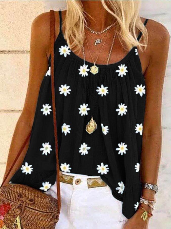 Small Daisy Print Sleeveless Tank Tops - Tanks Tops - INS | Online Fashion Free Shipping Clothing, Dresses, Tops, Shoes - 10-20 - 30/07/2021 - Category_Tank Tops