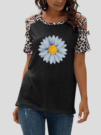 Small Daisy Print Stitching Leopard Print Hollow Short Sleeve T-Shirt - T-Shirts - INS | Online Fashion Free Shipping Clothing, Dresses, Tops, Shoes - 03/07/2021 - 10-20 - Category_T-Shirts