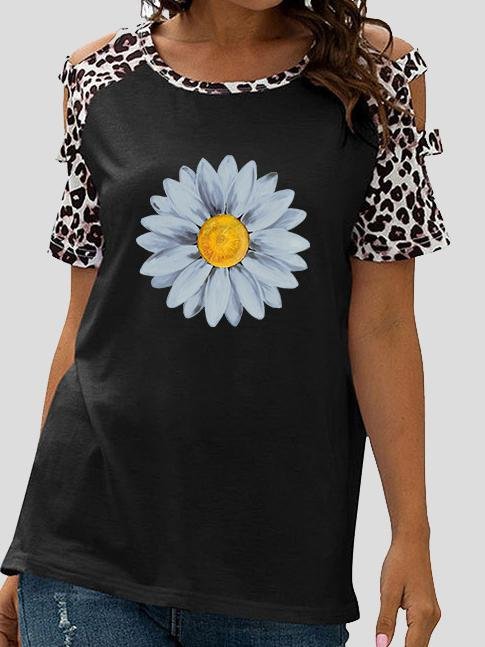 Small Daisy Print Stitching Leopard Print Hollow Short Sleeve T-Shirt - T-Shirts - INS | Online Fashion Free Shipping Clothing, Dresses, Tops, Shoes - 03/07/2021 - 10-20 - Category_T-Shirts