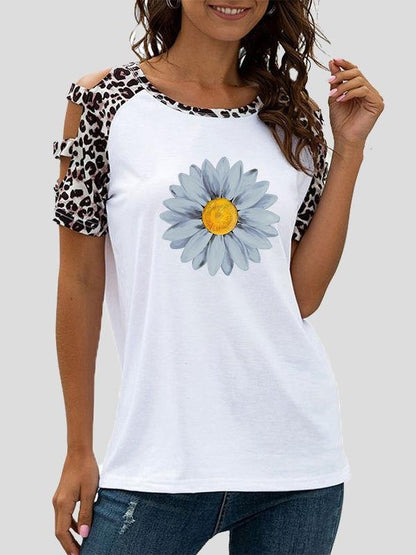 Small Daisy Print Stitching Leopard Print Hollow Short Sleeve T-Shirt - T-Shirts - INS | Online Fashion Free Shipping Clothing, Dresses, Tops, Shoes - 03/07/2021 - 10-20 - Category_T-Shirts