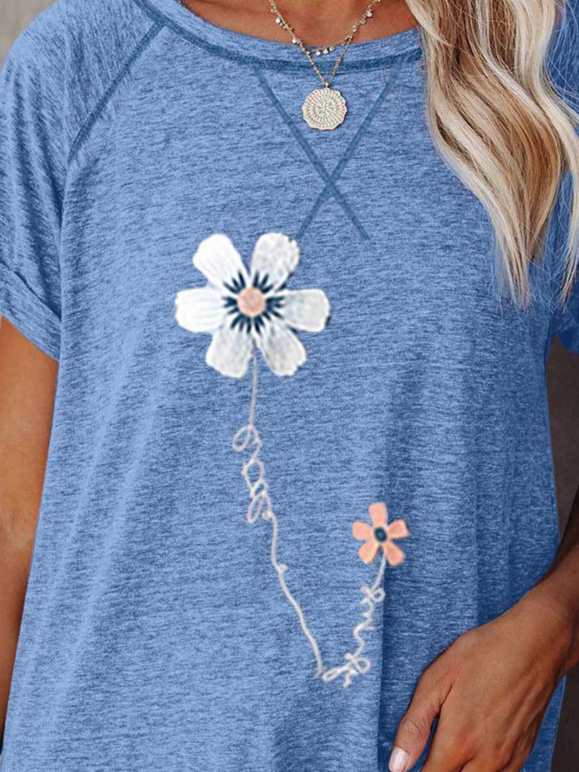 Small White Flower Print Round Neck Short Sleeve T-Shirt - T-Shirts - INS | Online Fashion Free Shipping Clothing, Dresses, Tops, Shoes - 17/07/2021 - 20-30 - Category_T-Shirts