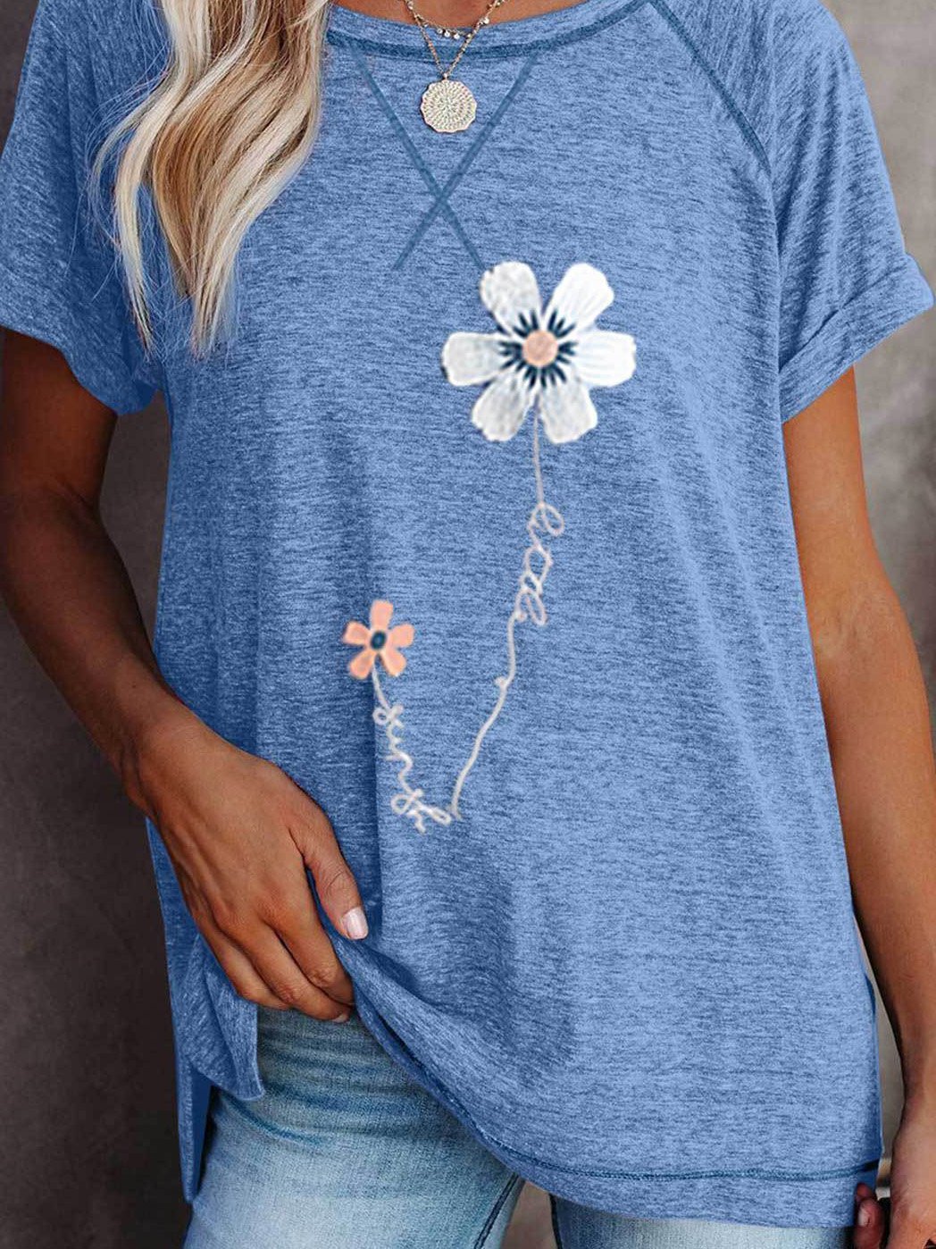 Small White Flower Print Round Neck Short Sleeve T-Shirt - T-Shirts - INS | Online Fashion Free Shipping Clothing, Dresses, Tops, Shoes - 17/07/2021 - 20-30 - Category_T-Shirts