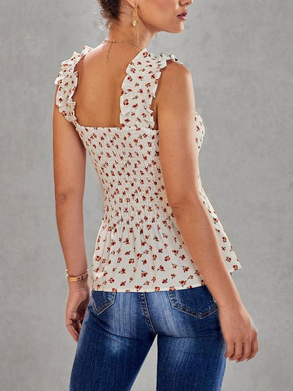 Smocked Crop Printed Ruched Ruffle Sleeve Top - Tank Tops - INS | Online Fashion Free Shipping Clothing, Dresses, Tops, Shoes - 19/04/2021 - 1904V3 - BLO210419222