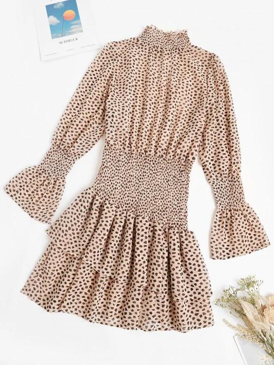 Smocked Spotted Print Poet Sleeve Layered Dress - INS | Online Fashion Free Shipping Clothing, Dresses, Tops, Shoes