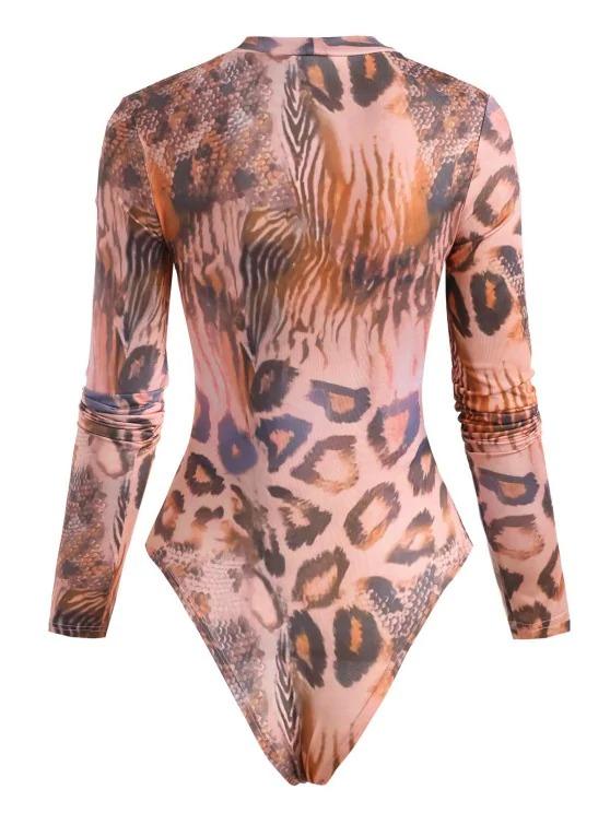 Snakeskin Leopard Mock Neck Bodysuit - INS | Online Fashion Free Shipping Clothing, Dresses, Tops, Shoes