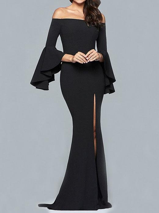 Solid 3/4 Sleeve One-shoulder Gown - Maxi Dresses - INS | Online Fashion Free Shipping Clothing, Dresses, Tops, Shoes - 20-30 - 26/07/2021 - color-black