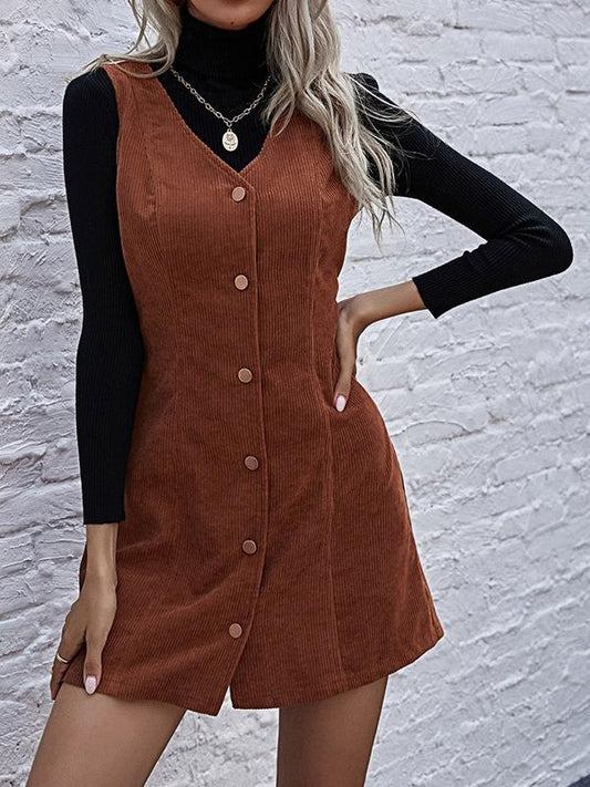 Solid Button Through Corduroy Overall Dress - Dresses - INS | Online Fashion Free Shipping Clothing, Dresses, Tops, Shoes - 02/02/2021 - Autumn - Brown