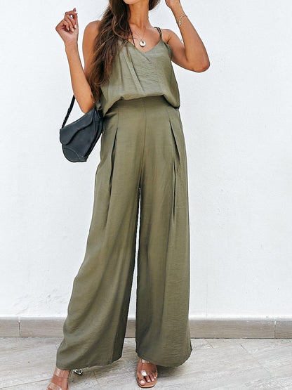 Solid Camisole & Wide Leg Pants Two-piece Suit - Sets - INS | Online Fashion Free Shipping Clothing, Dresses, Tops, Shoes - 23/06/2021 - 30-40 - Bottoms