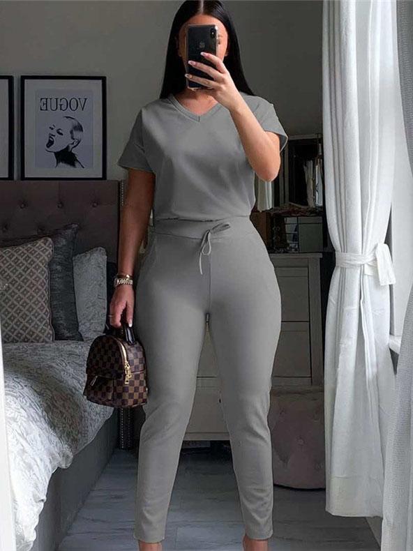 Solid Casual Sports V-neck Two-piece Suit - Sets - INS | Online Fashion Free Shipping Clothing, Dresses, Tops, Shoes - 13/07/2021 - 20-30 - Bottoms