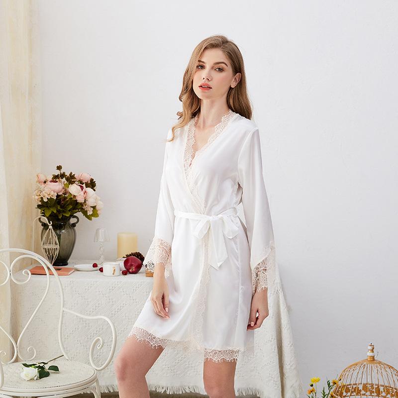 Solid Charmeuse Wrap Robe with Lace Trim - Robes - INS | Online Fashion Free Shipping Clothing, Dresses, Tops, Shoes - 03/03/2021 - Color_White - L