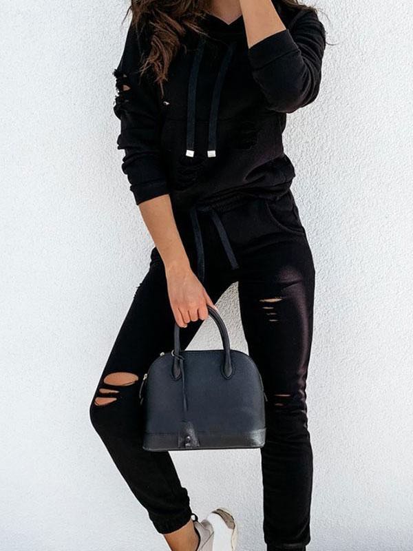 Solid Color Casual Burnt-Out Hoodie & Pants Suit - INS | Online Fashion Free Shipping Clothing, Dresses, Tops, Shoes