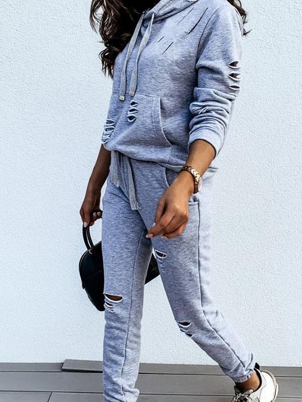 Solid Color Casual Burnt-Out Hoodie & Pants Suit - INS | Online Fashion Free Shipping Clothing, Dresses, Tops, Shoes