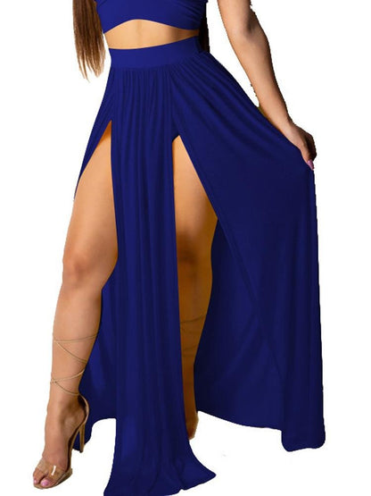 Solid Color Deep V Neck Backless Crop Top & Skirt Sets - Two-piece Outfits - INS | Online Fashion Free Shipping Clothing, Dresses, Tops, Shoes - 20/05/2021 - Color_Blue - Color_Red