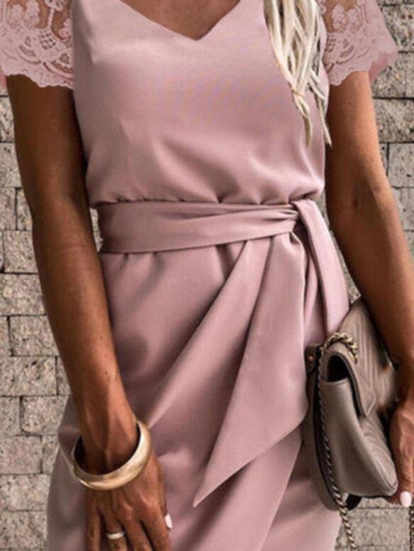 Solid Color Lace Sleeve V-neck Dress - Midi Dresses - INS | Online Fashion Free Shipping Clothing, Dresses, Tops, Shoes - 05/06/2021 - Category_Midi Dresses - Color_Pink