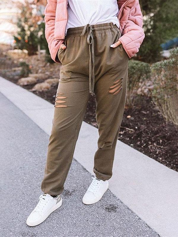 Solid Color Lace-up Casual Pants With Holes - Pants - INS | Online Fashion Free Shipping Clothing, Dresses, Tops, Shoes - 12/05/2021 - 120521 - Category_Pants
