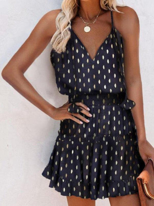 Solid Color Polka Dot Sleeveless V-neck Mini Skirt - Mini Dresses - INS | Online Fashion Free Shipping Clothing, Dresses, Tops, Shoes - 04/06/2021 - Color_Black - DRE2106040038