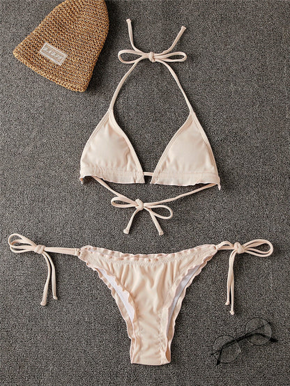 Solid Color Ruffled Decorated Lace-Up Bikini Set - Bikinis - INS | Online Fashion Free Shipping Clothing, Dresses, Tops, Shoes - 18/03/2021 - Apricot - Beach
