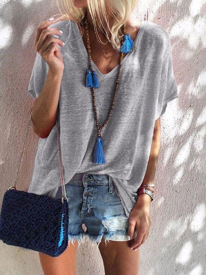 Solid Color V-neck Loose Short Sleeve T-shirt - T-Shirts - INS | Online Fashion Free Shipping Clothing, Dresses, Tops, Shoes - Category_T-Shirts - Color_Black - Color_Gray