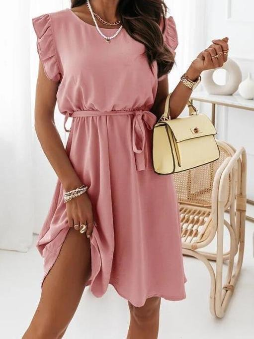 Solid Color Waistband Ruffle Sleeve Dress - Midi Dresses - INS | Online Fashion Free Shipping Clothing, Dresses, Tops, Shoes - 11/06/2021 - Category_Midi Dresses - Color_Blue