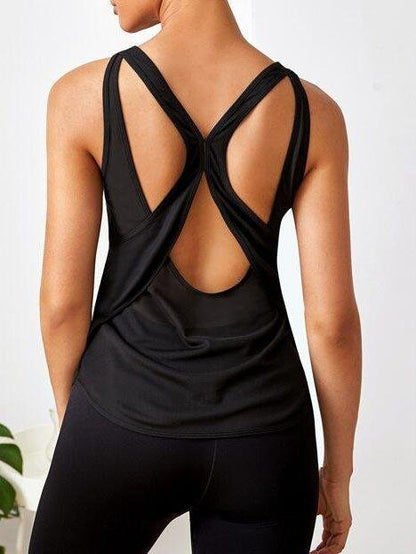 Solid Cut Out Criss Cross Back Sports Tee - Activewear - INS | Online Fashion Free Shipping Clothing, Dresses, Tops, Shoes - Activewear - Basic - Black