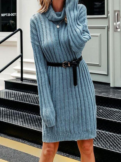 Solid Drop Shoulder Turtle Neck Sweater Without Belt - Dresses - INS | Online Fashion Free Shipping Clothing, Dresses, Tops, Shoes - 02/03/2021 - Autumn - Blue