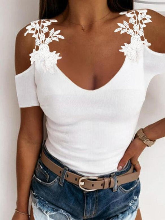 Solid Lace Cold Shoulder Casual T-shirts - T-shirts - INS | Online Fashion Free Shipping Clothing, Dresses, Tops, Shoes - 20-30 - 22/06/2021 - color-white