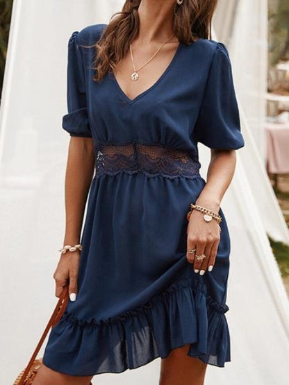 Solid Lace Stitching V-neck Five-point Sleeve Dress - Mini Dresses - INS | Online Fashion Free Shipping Clothing, Dresses, Tops, Shoes - 20-30 - 23/07/2021 - color-blue