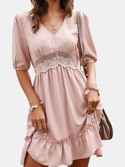 Solid Lace Stitching V-neck Five-point Sleeve Dress - Mini Dresses - INS | Online Fashion Free Shipping Clothing, Dresses, Tops, Shoes - 20-30 - 23/07/2021 - color-blue