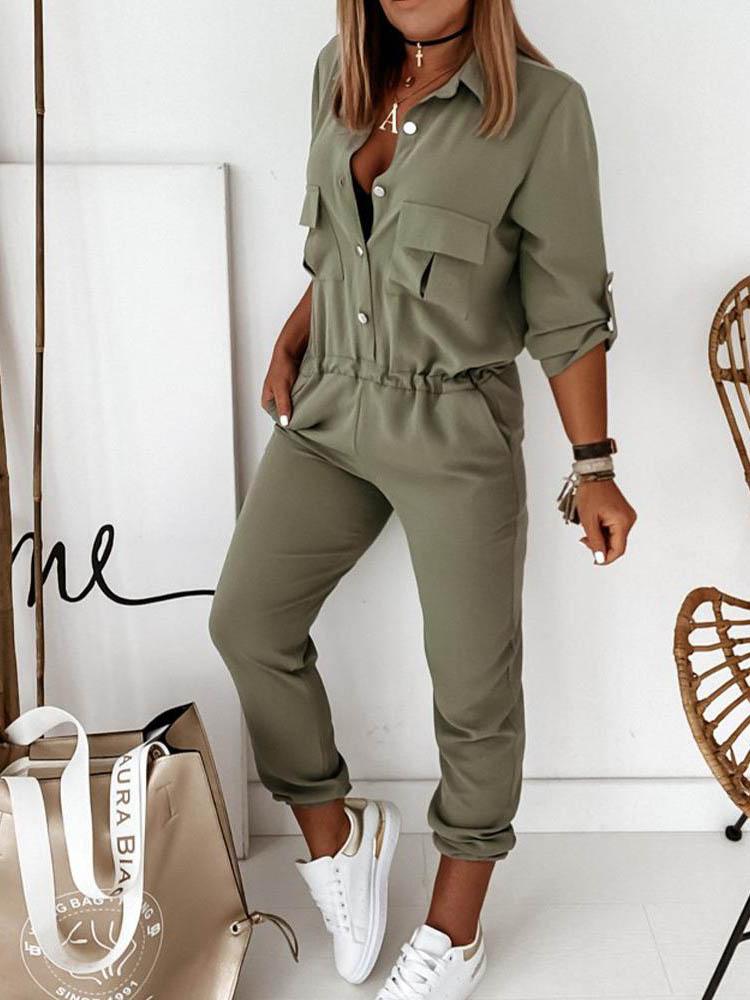 Solid Long Sleeve Elastic Waist Jumpsuit - Jumpsuits & Rompers - INS | Online Fashion Free Shipping Clothing, Dresses, Tops, Shoes - 29/04/2021 - Color_Army Green - JUM210429011