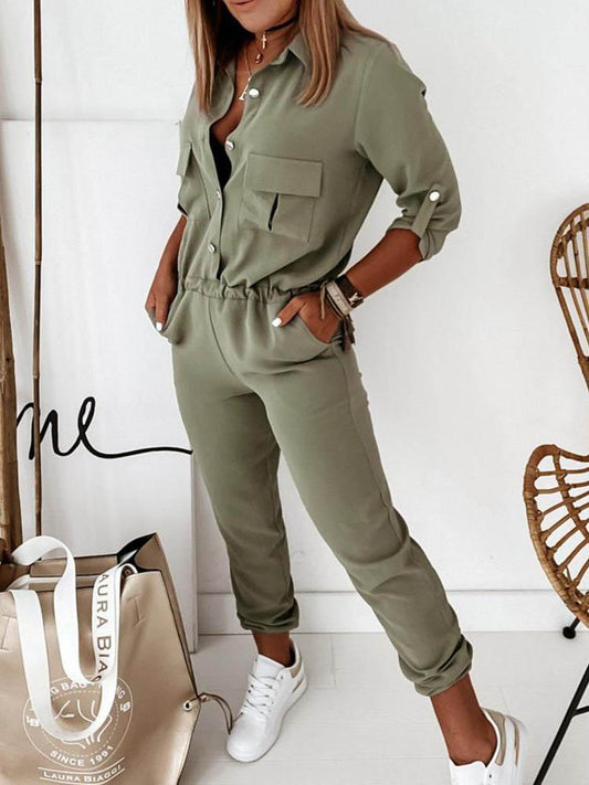 Solid Long Sleeve Elastic Waist Jumpsuit - Jumpsuits & Rompers - INS | Online Fashion Free Shipping Clothing, Dresses, Tops, Shoes - 29/04/2021 - Color_Army Green - JUM210429011