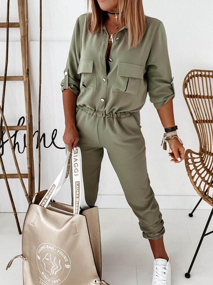 Solid Long Sleeve Elastic Waist Jumpsuit - Jumpsuits & Rompers - INS | Online Fashion Free Shipping Clothing, Dresses, Tops, Shoes - 29/04/2021 - Color_Army Green - JUM210429011