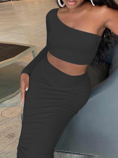 Solid Long-sleeved Crop Top & Long Skirt Two Piece Suit - 18.99 - INS | Online Fashion Free Shipping Clothing, Dresses, Tops, Shoes - 08/07/2021 - 10-20 - Bottoms