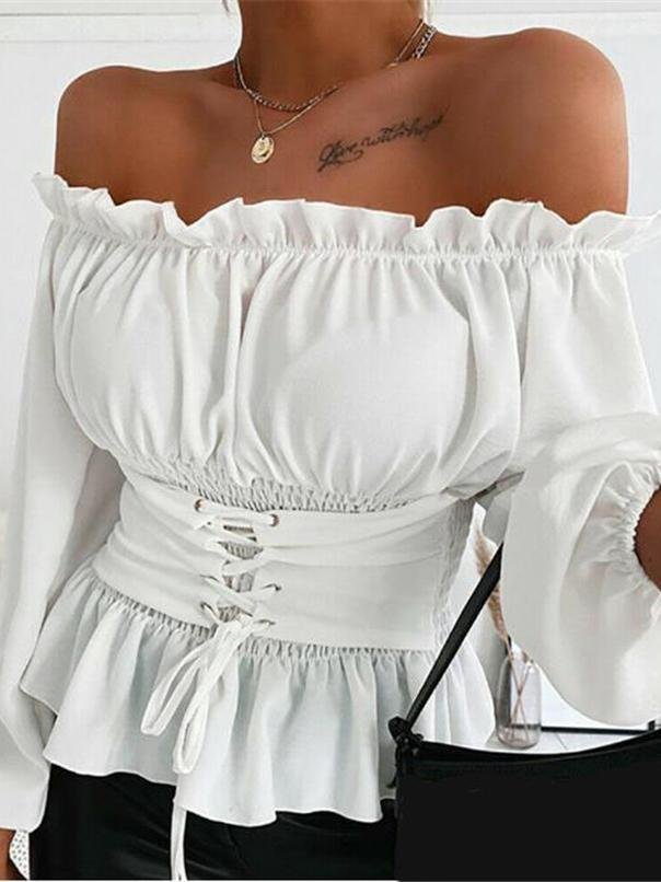 Solid Long-sleeved Off-shoulder Ruffled Shirt - Blouses - INS | Online Fashion Free Shipping Clothing, Dresses, Tops, Shoes - 03/07/2021 - 20-30 - BLO2107031151