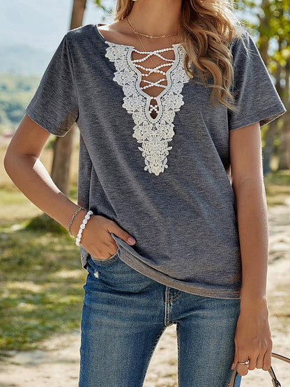 Solid Loose Lace V-Neck Short Sleeve T-Shirt - T-Shirts - INS | Online Fashion Free Shipping Clothing, Dresses, Tops, Shoes - 10-20 - 24/06/2021 - Category_T-Shirts