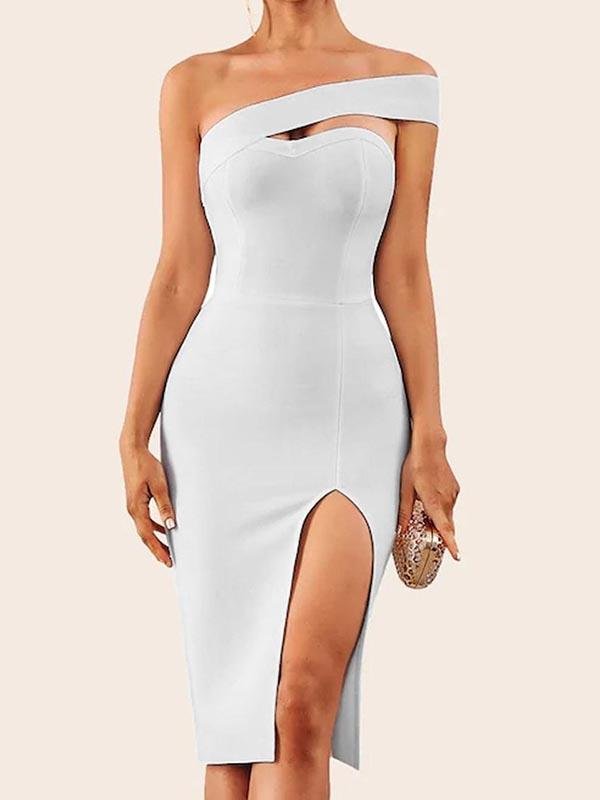 Solid One Shoulder Split Thigh Pencil Dress - Dresses - INS | Online Fashion Free Shipping Clothing, Dresses, Tops, Shoes - 02/05/2021 - Black - Bodycon Dresses