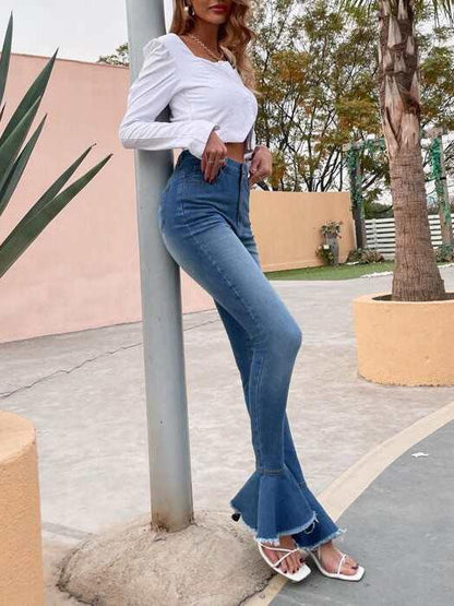 Solid Raw Hem Flare Leg Jeans - Jeans - INS | Online Fashion Free Shipping Clothing, Dresses, Tops, Shoes - 01/30/2021 - Autumn - Blue