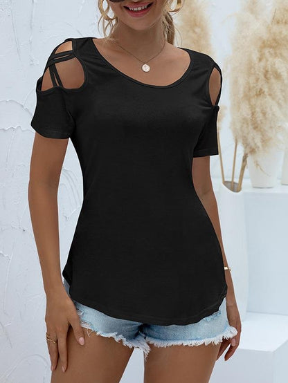 Solid Round Neck Short Sleeve Off-shoulder T-shirt - T-shirts - INS | Online Fashion Free Shipping Clothing, Dresses, Tops, Shoes - 10-20 - 12/07/2021 - color-black