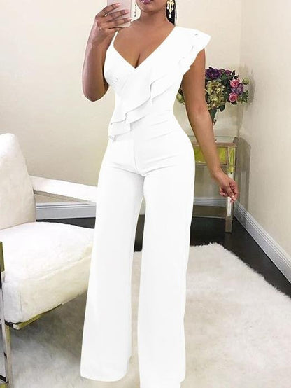 Solid Ruffle Trim Deep V Neck Jumpsuit - Jumpsuits & Rompers - INS | Online Fashion Free Shipping Clothing, Dresses, Tops, Shoes - 01/07/2021 - 20-30 - Bottoms