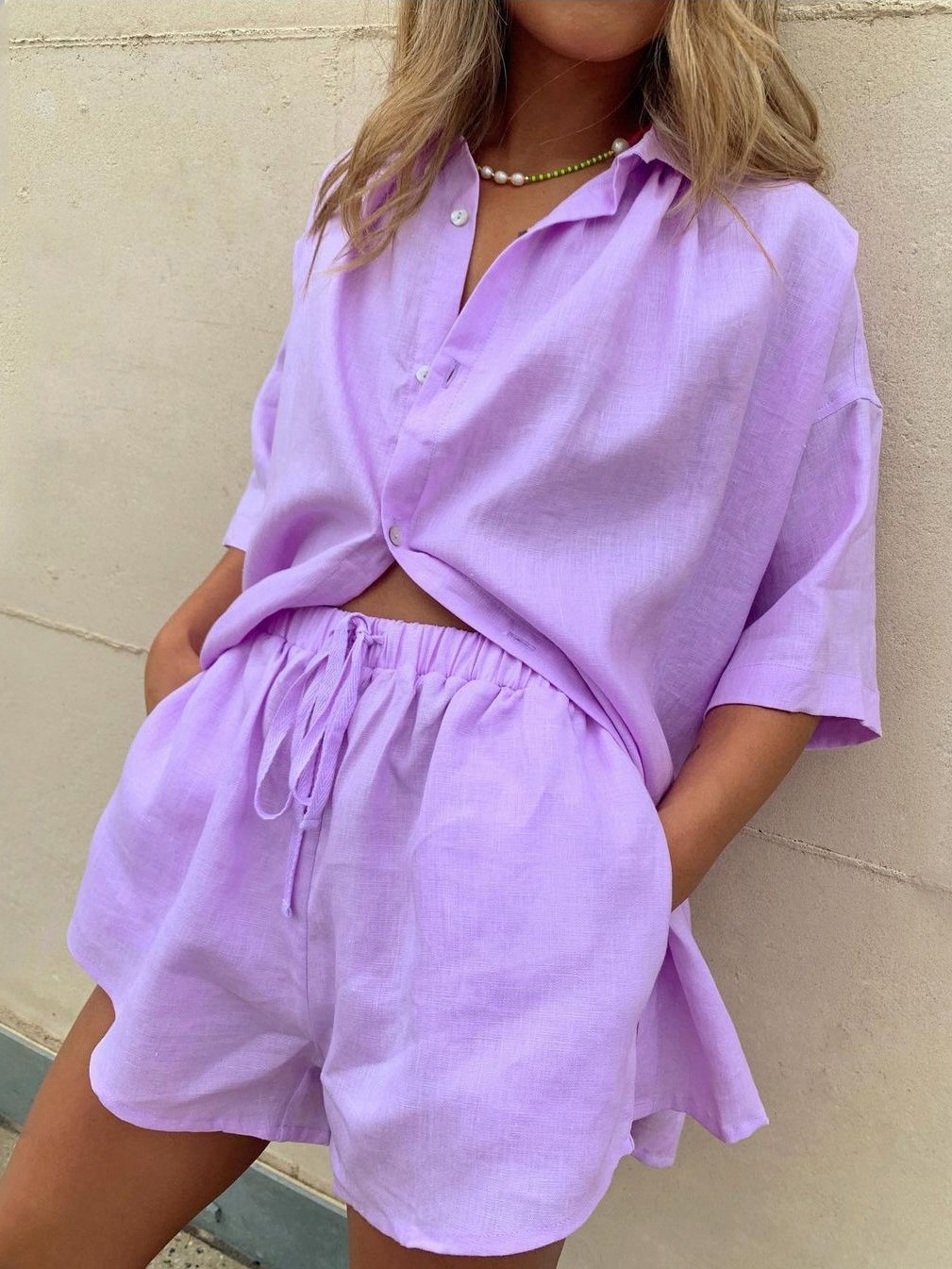 Solid Shirt & Shorts Fashion Casual Suit - Sets - INS | Online Fashion Free Shipping Clothing, Dresses, Tops, Shoes - 23/06/2021 - 30-40 - Bottoms
