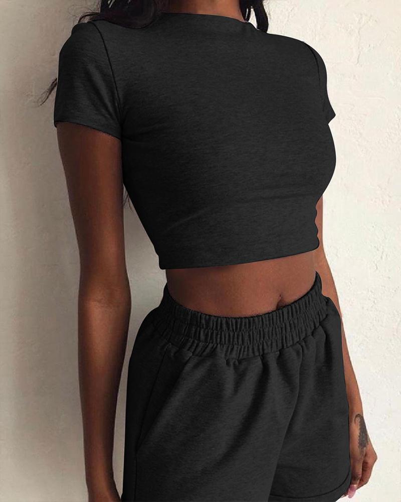 Solid Short Sleeve Casual Top & Short Set - Sets - INS | Online Fashion Free Shipping Clothing, Dresses, Tops, Shoes - 02/18/2021 - 2 piece sets - Black