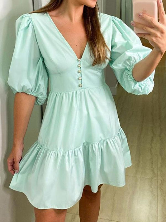 Solid Short Sleeve V-Neck Mini Dress - Mini Dresses - INS | Online Fashion Free Shipping Clothing, Dresses, Tops, Shoes - 16/06/2021 - 30-40 - Category_ Mini Dresses