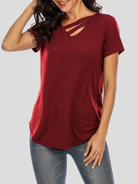 Solid Short Sleeve V-neck T-shirt - T-Shirts - INS | Online Fashion Free Shipping Clothing, Dresses, Tops, Shoes - 20-30 - 24/06/2021 - color-black