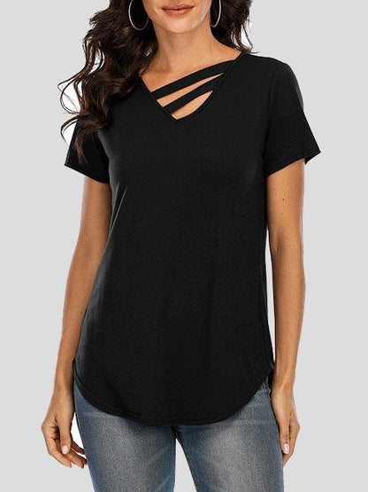 Solid Short Sleeve V-neck T-shirt - T-Shirts - INS | Online Fashion Free Shipping Clothing, Dresses, Tops, Shoes - 20-30 - 24/06/2021 - color-black